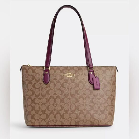 🔥🎁NWT! Coach Gallery Tote Handbag Khaki/Deep Berry Msrp:$378.00 - Picture 1 of 9